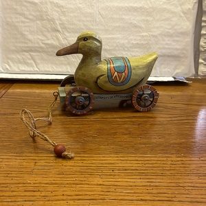 Vintage Wooden Carve Duck On Wheels